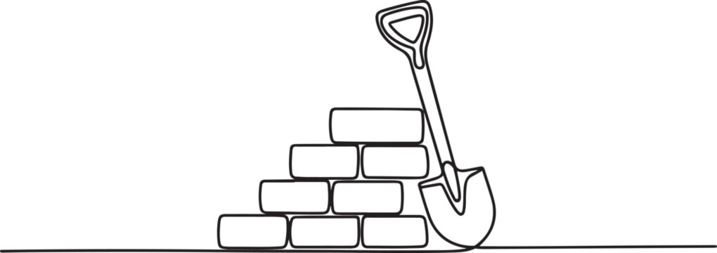 continuous line drawing of bricks and shovels.one line vector drawing of bricks and shovels in the building process. . illustration of a single line drawing