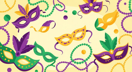 Mardi gras colorful masks and beads on yellow background festive