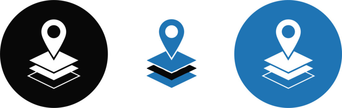  Minimalist Location Pin Icons Vector Set with Layered Map Base in Black Outline and Blue Filled Styles for Navigation GPS Mapping and Travel Designs