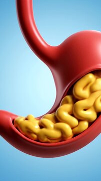 Detailed 3D Render of Human Stomach Anatomy with Digested Food Contents and Esophagus Connection Against a Gradient Blue Background
