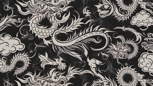 Intricate black and white dragon pattern with swirling clouds and ornate details.