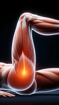 Detailed 3D rendering of human arm musculature with glowing elbow joint highlighting pain or injury against a dark background signifying medical