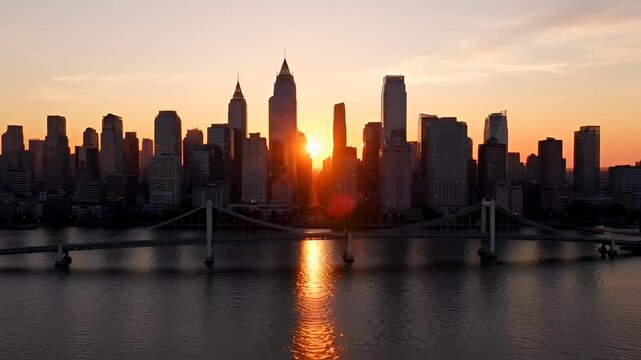 Beautiful cityscape featuring the sunset over a skyline with a bridge in front