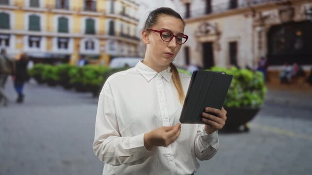 Woman holding tablet and gesturing with hand while reading aloud on a cobbled street by a historic building facade; concentration focus.