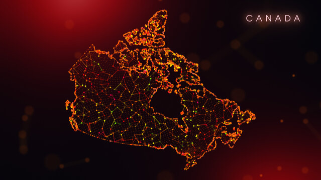 A creative cartography design featuring the Canada country border in a colorful plexus style. Glowing red and orange dots and lines represent digital technology and business communication.