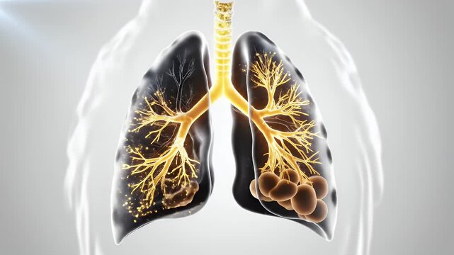 Detailed 3D Visualization of Human Lungs with Pathological Lesions and Bronchial Tree Illuminated in Golden Light against a White Background
