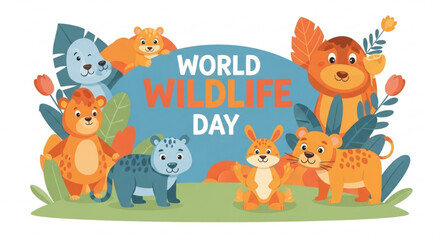 Fototapeta premium World wildlife day illustration with cartoon animals and plants