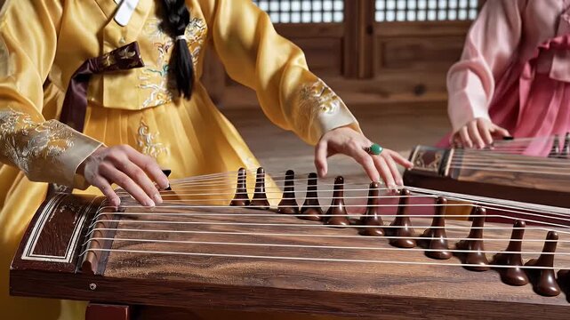 Traditional Korean Gayageum performance. Hands of musicians in Hanbok playing a traditional string instrument, showcasing cultural music and heritage.