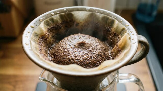 Drip coffee brewing process with blooming grounds in a ceramic dripper over a glass server.