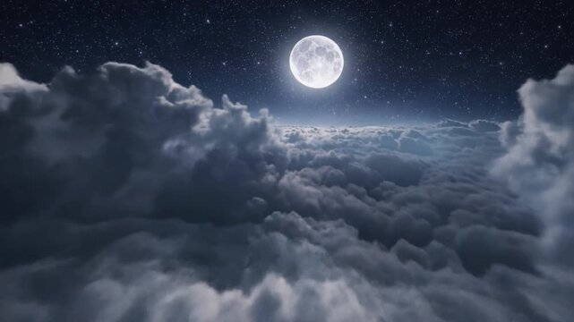 Beautiful Moon in the Skies. Flying Over the Infinite Clouds with the Night Moon Shining Seamless. Loop Luxury blue crystal facet background, over the clouds at night