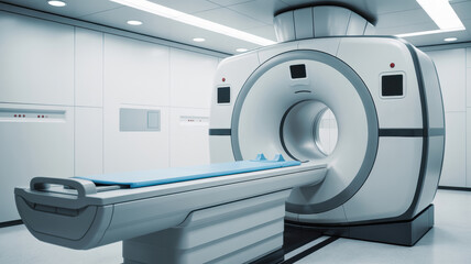 Advanced MRI scanner in a sterile, modern hospital room, symbolizing medical technology and patient diagnosis.