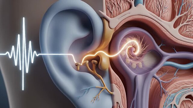 Detailed Anatomical Cross-Section of the Human Ear Illustrating Sound Wave Transmission and Auditory Nerve Stimulation with Vibrant Colors and