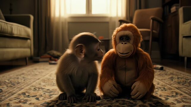 Adorable Baby Monkey and Plush Orangutan Friends in a Cozy Room
