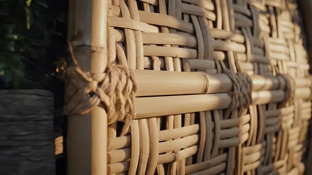 Natural Woven Bamboo Texture with Rope Ties. Organic Background, Warm Sunlight. Rustic Tropical Design Element