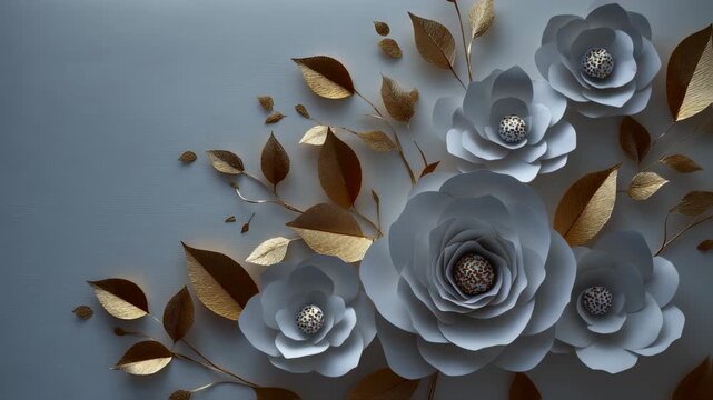 Elegant White Paper Flowers and Golden Leaves Forming a Decorative Corner Design