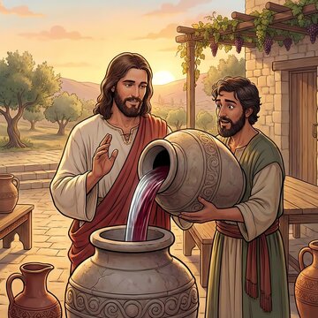 Jesus Christ turning water into wine miracle at Wedding at Cana, biblical illustration, AI generated.