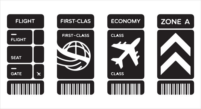 Set of airplane ticket, boarding pass vector icon, flight, economy, first class, zone A