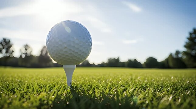 A pristine white golf ball sits perfectly positioned on a tee amidst vibrant green grass under a bright sunny sky, eagerly awaiting its powerful strike on the beautiful golf course.