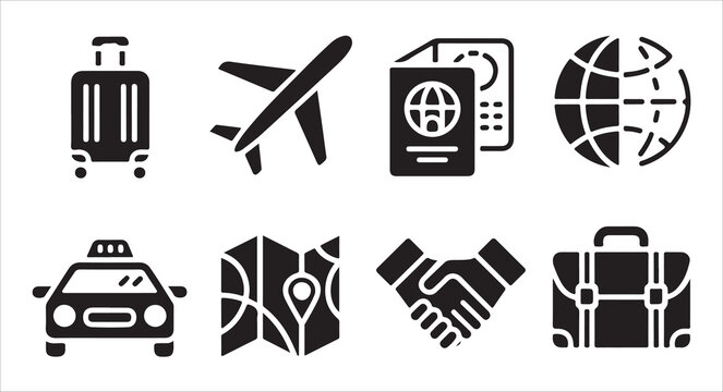 Global transit icons including taxi plane passport globe handshake and professional briefcase