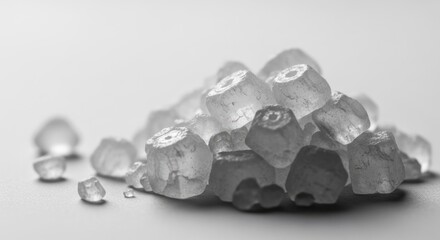 A close-up view of a pile of ice cubes on a plain white surface