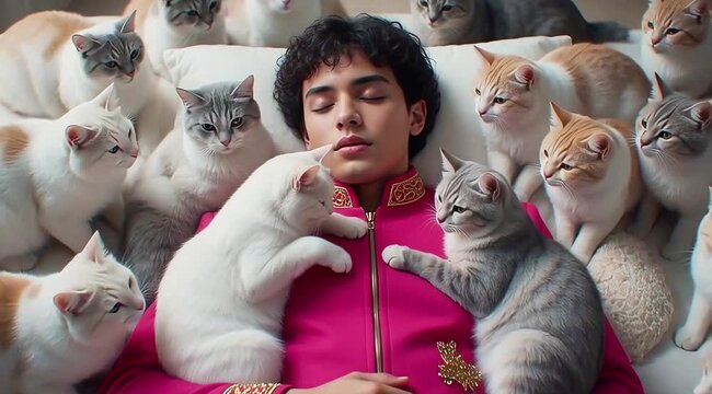 Man surrounded by cats on a white couch