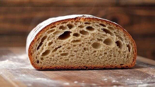 Detailed cross section of crusty sourdough bread with airy texture on wooden cutting board