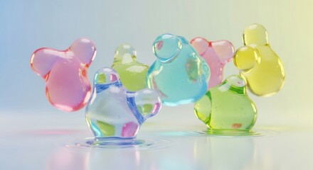 Colorful translucent glass objects arranged in a cluster on a reflective surface, viewed from a slightly elevated angle