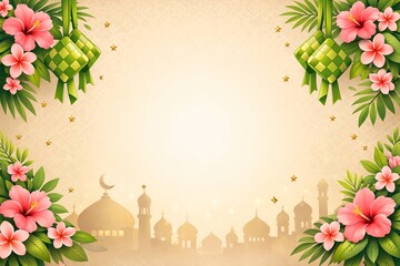 Elegant Ramadan and Eid al-Fitr background featuring traditional Indonesian ketupat ornaments hanging symmetrically in the top corners, decorated with pink tropical hibiscus flowers 