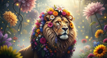 Majestic lion adorned with floral crown standing amidst vibrant flowers in a lush forest glade