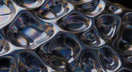 A close-up view of a reflective metallic surface with abstract wavy patterns and shiny textures, creating a futuristic and modern visual effect