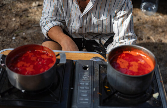 Two Pots Of Red Borscht Soup For Camping Of Friends