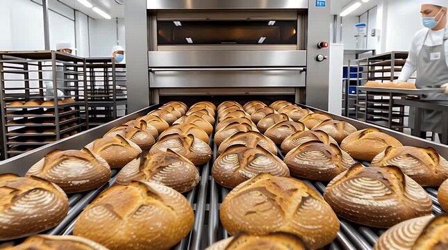 Numerous freshly baked artisan sourdough loaves exiting a large commercial oven on a metal conveyor system in a bakery setting.