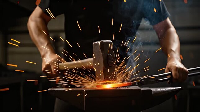 Blacksmith powerfully hammering a glowing piece of metal on an anvil creating numerous bright orange sparks in a dark workshop setting.