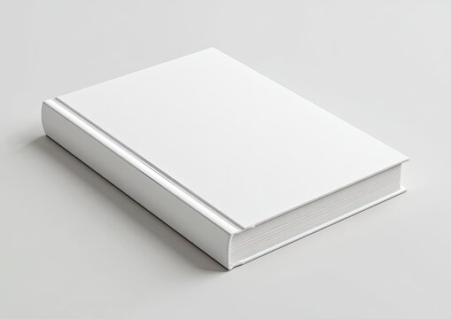 A hardcover book with a blank white cover, angled on a plain, light surface