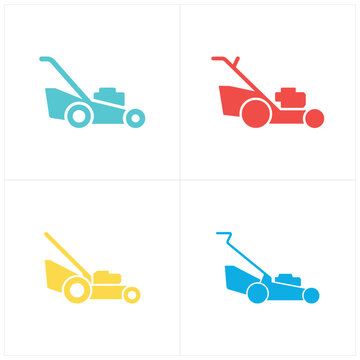 Four Colorful Lawn Mowers in Flat garden tools flat four mowers