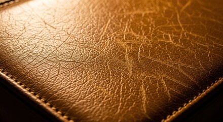 Close-up view of a luxurious brown leather surface with stitched edges in a warm, dark environment