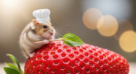 A hamster wearing a chef's hat stands on a giant strawberry in a kitchen environment viewed from the side