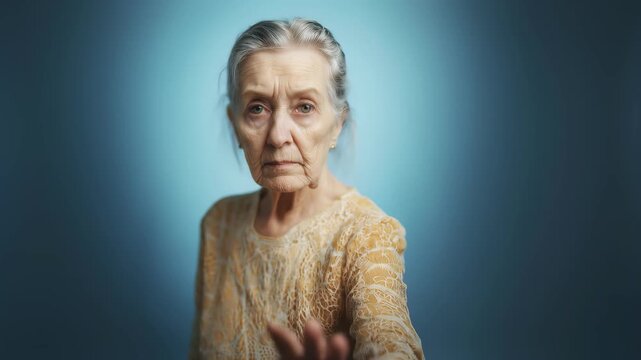 Serious elderly woman posing in a studio against a blue background, looking at the camera and raising her hand in a stop gesture.