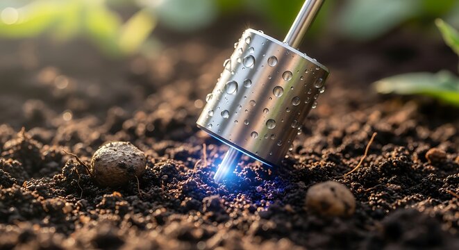 Handheld soil sensor measuring soil quality in agricultural field closeup 4k