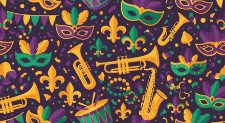 Vibrant mardi gras pattern with masks trumpets and fleur de lis on purple background © Tehseen