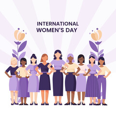 Fototapeta premium Diverse group of women standing together in solidarity on International Women's Day, illustration, flat design, purple hues, fists together