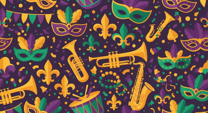 Vibrant mardi gras pattern with masks trumpets and fleur de lis on purple background