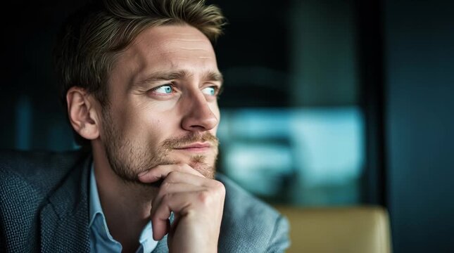 leader. A business professional in a modern office contemplating digital concepts thoughtfully. pitch deck slides, case study pages, designed for brand storytelling and e-commerce strategy.