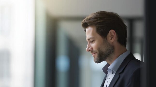 leader. A business professional in a modern office contemplating digital concepts thoughtfully. pitch deck slides, case study pages, designed for brand storytelling and e-commerce strategy.