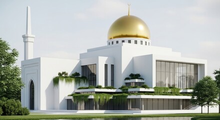 Modern Mosque with Golden Dome and Minaret in Serene Landscape Setting