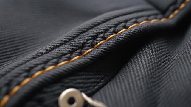 Close-up of denim fabric with stitching and a metal button. Soft folds are visible