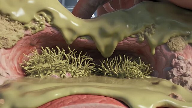 Detailed Medical Animation Shows Diseased Lungs Filled With Mucus Stones and Fungal Growth Illustrating Respiratory Illness Progression and Pathology