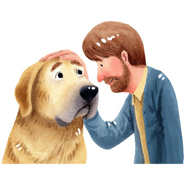 a man touch his big dog's forehead