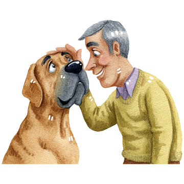 a man touch his big dog's forehead