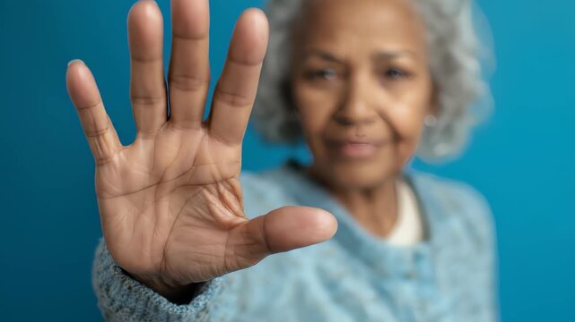 Serious senior African American woman with grey hair making a stop gesture with her hand, expressing firm disapproval and setting boundaries against a blue studio background.